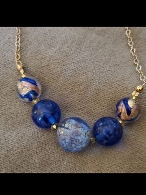 Murano Blue and Gold Glass Bead Necklace - Murano